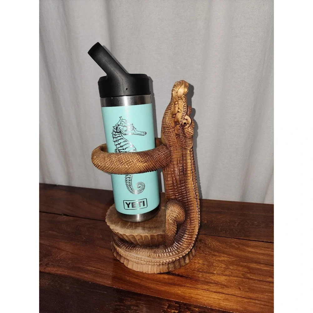 Vintage kitsch‎ Carved Wooden Alligator Bottle Holder Wine